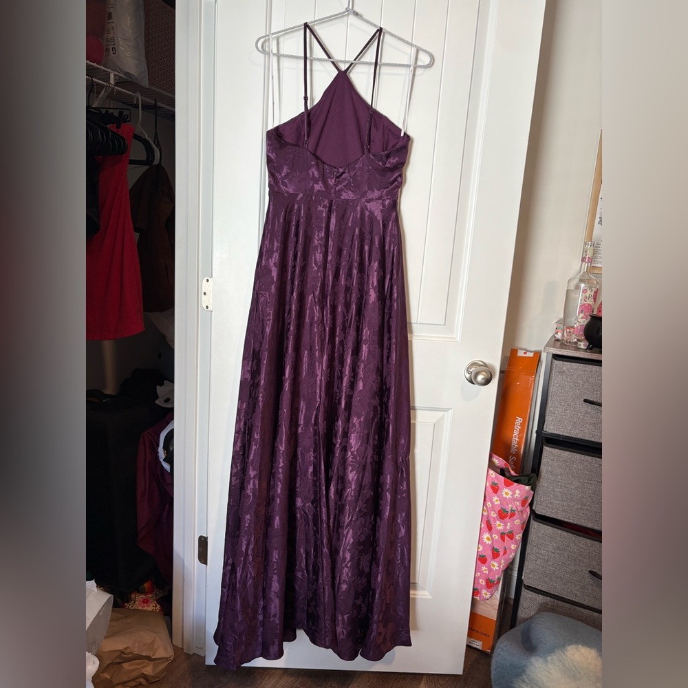 Lulu's “Elegant Sophistication Purple Satin Jacquard Halter Maxi Dress” - Picture 4 of 9